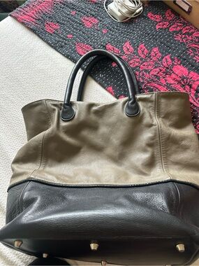 Two-Tone Putty and Black Leather Tote Bag